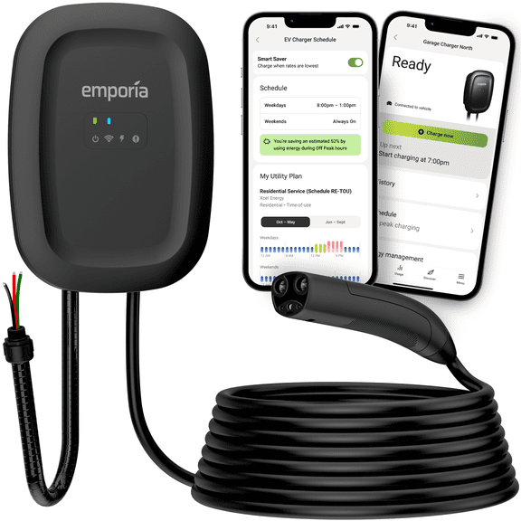 EMPORIA Niveau d'Énergie 2 Chargeur EV / NACS (TESLA) / ENERGY STAR / Homologué UL / Câblé 48 A / Câble 24 Pieds / Station de Recharge pour Maison Intelligente