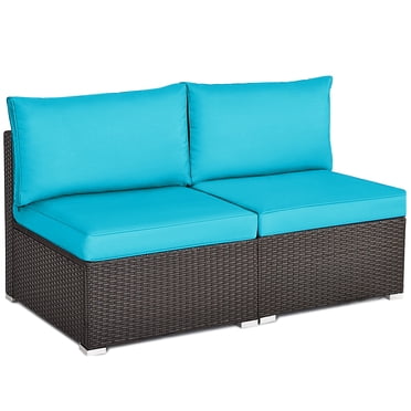 Patiojoy 2-Piece Outdoor Wicker Rattan Sectional Armless Sofa Chair w/ Turquoise Cushions