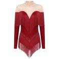 thumbnail image 1 of Alvivi Justaucorps de Danse pour Femmes Manches Longues Patchwork en Maille avec Strass Robe de Danse Latine Tango Bordeaux m, 1 of 7