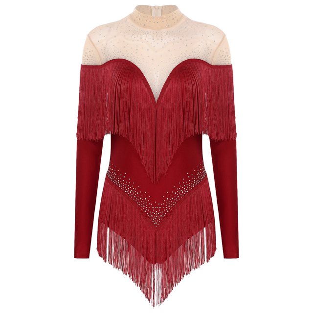 Alvivi Justaucorps de Danse pour Femmes Manches Longues Patchwork en Maille avec Strass Robe de Danse Latine Tango Bordeaux m