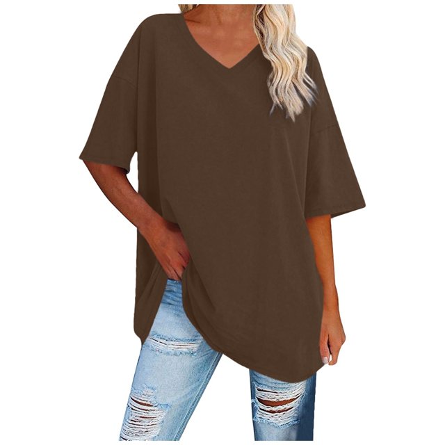 WEIYLL Women's T Shirts Ladies Basic Solid Color V Neck Short Sleeve Brown Tee in size M. The shirt features a relaxed fit with a classic V-neckline and short sleeves, made from a soft polyester and spandex blend for comfort. The solid brown color makes it versatile for casual wear, paired here with distressed jeans. Suitable for various occasions, it is machine washable and lightweight.