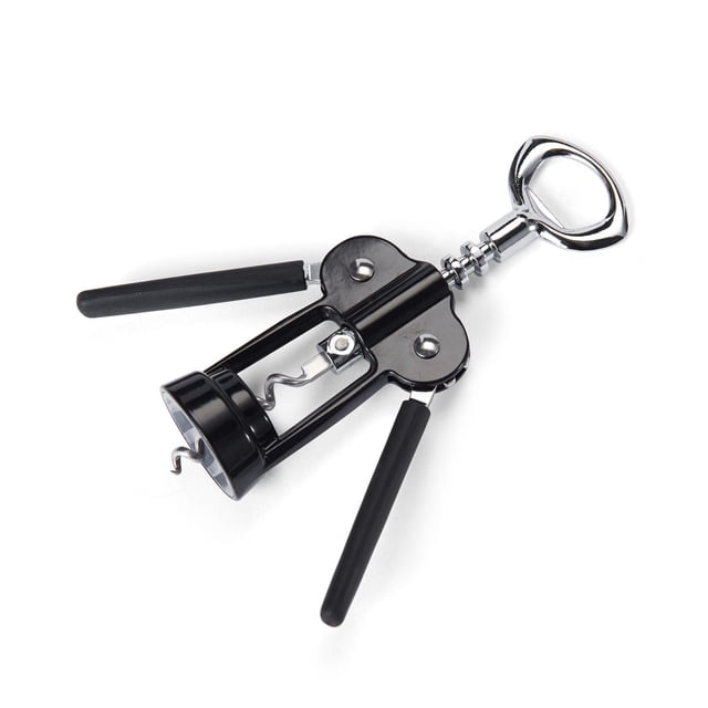 Farberware Soft Grip Winged Corkscrew with black soft grip handles and chrome metal body, featuring winged levers and built-in bottle opener, designed for easy wine bottle opening and bar use.