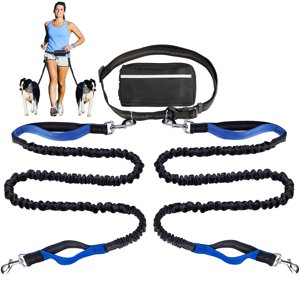 Mains Free Dog Leash for Running Walking Training Hiking, Bungee à double poignée réfléchissante, Pochette de poche de poche, ceinture de taille réglable, amortisseur, idéal pour les chiens moyens à grands (2 Feuilles)