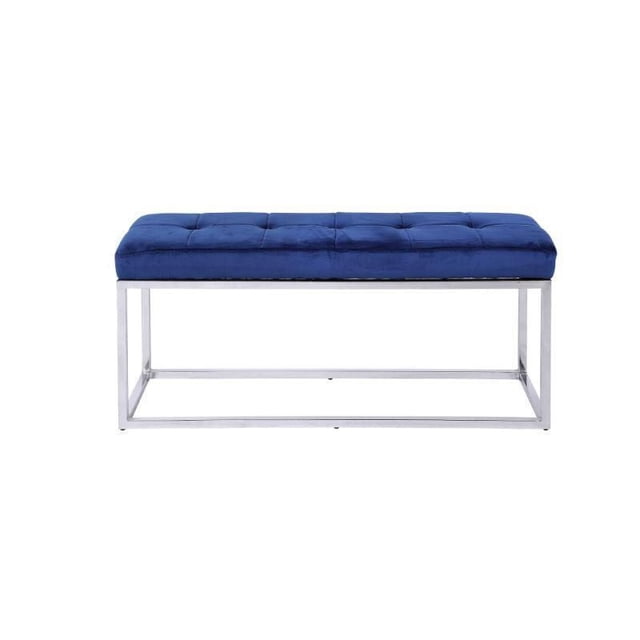 Blue Velvet Upholstered bench with stainless stain base.