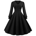thumbnail image 1 of Robe à Manches Longues pour Femmes Robe Unie à Manches Longues à Col en V Rétro à Taille Haute avec Empiècements, 1 of 8