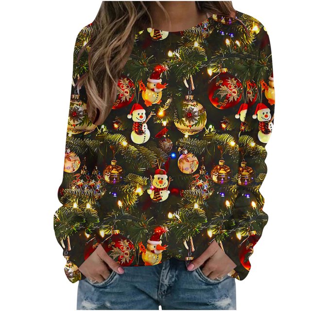 RKSTN Sweatshirt for Women Fashionable Printed Hooded Raglan Long Sleeved Round Neck Top Christmas Sweatshirt