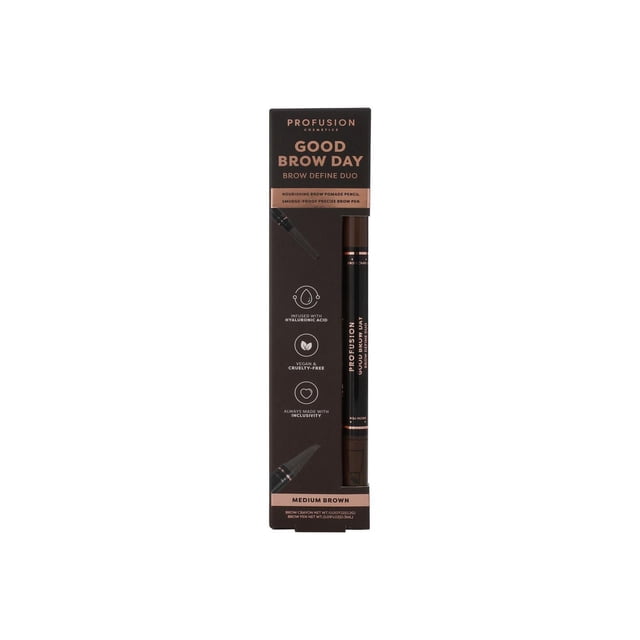 PROFUSION COSMETICS Good Brow Day brow define duo in medium brown features a smudge-proof precision pen and nourishing pomade pencil for natural, long-lasting eyebrow shaping and filling, suitable for soft to bold looks.