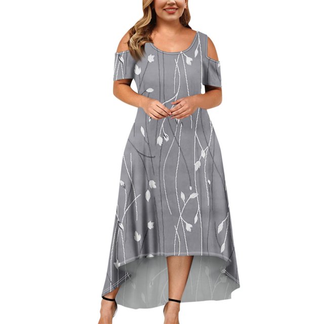 JULMCOMO Robes Grande Taille pour Femmes 5x Robe d'Été à Épaules Dénudées pour Invitée de Mariage Tendance à Imprimé Floral à Manches Courtes Col Ras du Cou Longue Robe Violet 5TG
