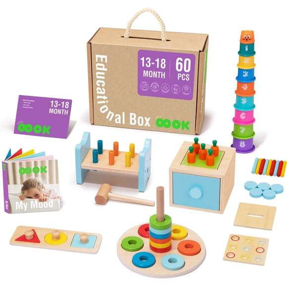 TOOKYLAND Ensemble de Jouets d'Éveil - Coffret Éducatif Montessori 6 en 1; Jouets en Bois pour Tout-Petits 13-18 Mois