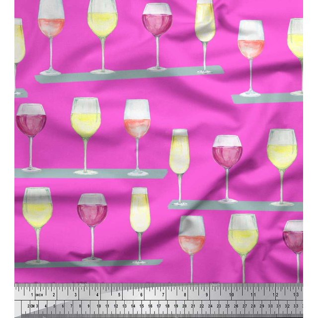 Soimoi Modal Satin Fabric Wine Glass Bar Print Fabric by Yard 42 Inch Wide