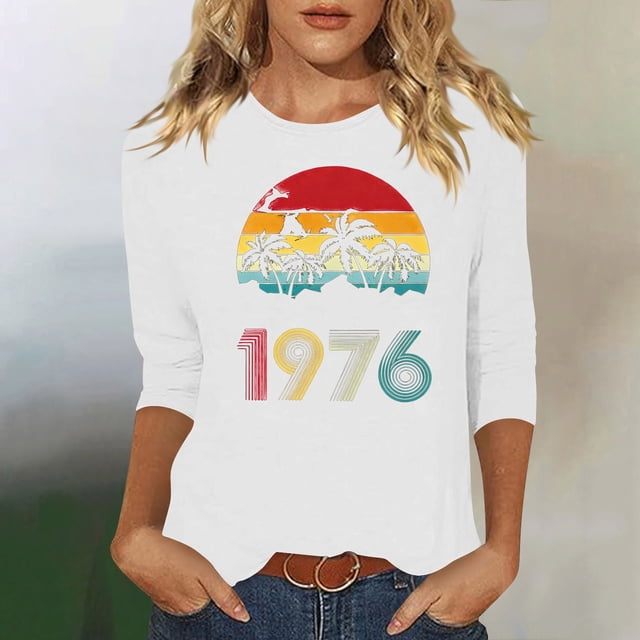Uootdi Hauts pour Femmes Manches 3/4 Col Ras du Cou Imprimé Palmier Coucher de Soleil 1976 Coupe Décontractée T-Shirts Rétro Plage Vacances Cadeau