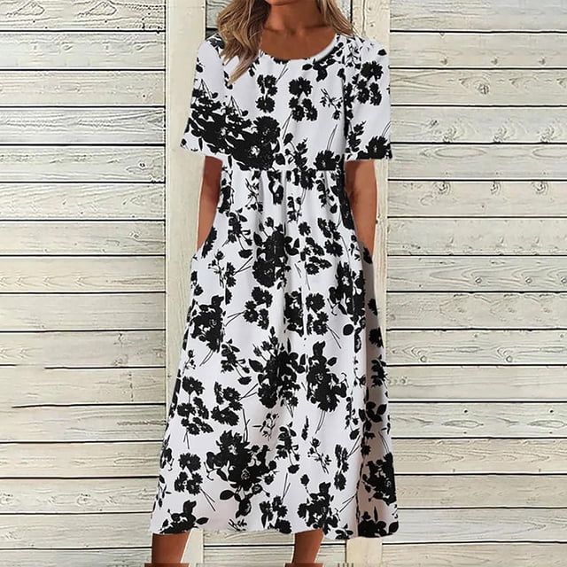 YUNAFT Robes pour Femmes Liquidation Robes d'Été Décontractées pour Femmes Col Rond Manches Courtes Fermeture Éclair Pliantes à Imprimé Floral Soldes