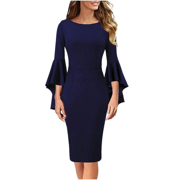 Lovzfmll Fashion Women Round Neck Long Sleeve Bandage High Waist Shirt Dress Navy, XL