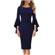 Lovzfmll Fashion Women Round Neck Long Sleeve Bandage High Waist Shirt Dress Navy, XL