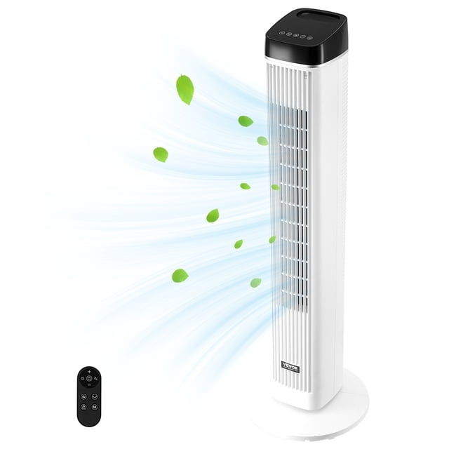 VEVOR 40" Oscillating Tower Fan 9H Timer 22 ft/s High Velocity with Remote Control centered front view of a 40-inch tower fan with slim rectangular column, top control panel and handle, detachable rear grill and visible impeller, round stable base and remote stored in base; 70° oscillation, 3 speeds plus 4 modes and 12-hour timer, suitable for bedroom or living room and often used as a portable cooling solution for small home offices.