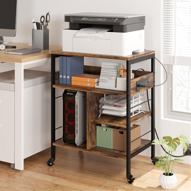 Yiwa 4 Tier Printer Stand, Home Printer Stands with Power Outlets, Mobile Printer Table with Large Storage Self & Lockable Wheels, Industrial Cart for Home Office