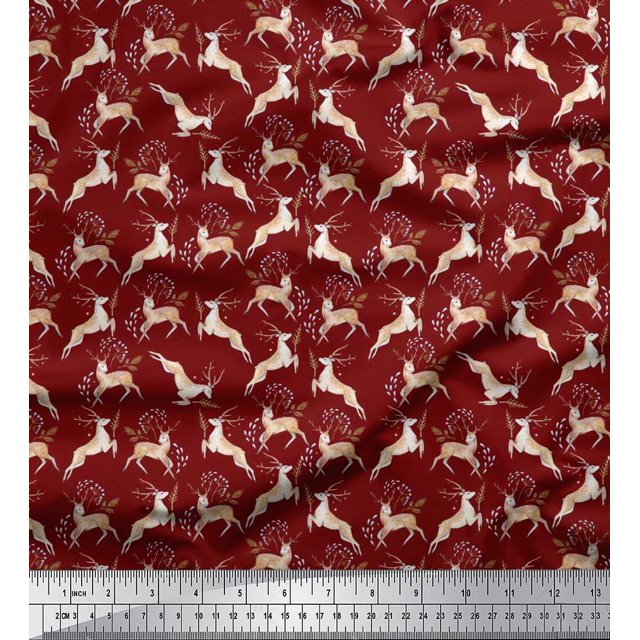 Soimoi Georgette Viscose Fabric Leaves & Reindeer Animal Print Fabric by the Yard 42 Inch Wide