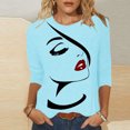thumbnail image 2 of Penkiiy Hauts pour Femmes Mode Femmes T-shirt Imprimé Mi-Long Manches 3/4 Blouse Col Rond Hauts Décontractés Bleu Ciel Vêtements Y2K, 2 of 4