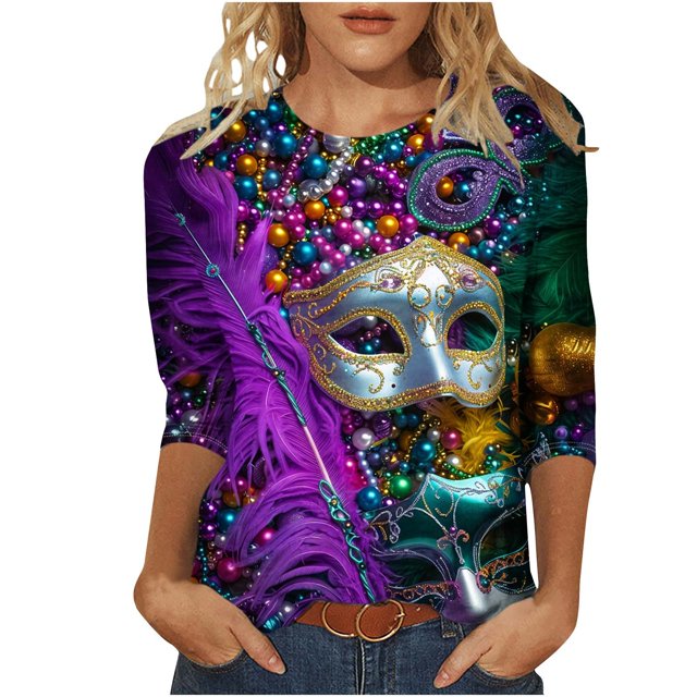 Penkiiy T-shirt Blouse Décontractée à Manches 3/4 et Col Rond pour Femmes, Impression Mode Mardi Gras, 2TG Multicolore