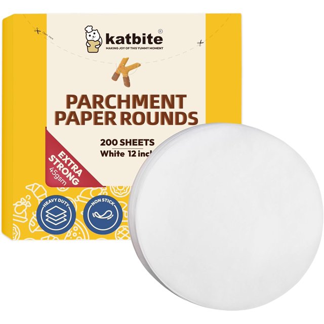 Katbite 12 Inch 200Pcs Parchment Paper Rounds Heavy Duty 45gsm (8 Sizes 4\u201d-12") - Extra Large Baking Sheets - 450°F Heat Resistant - White