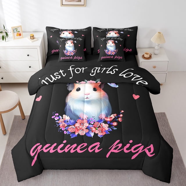 YST Cute Guinea Pig 7-Piece Cartoon Hamster Mouse Comforter Set, Queen – Floral Butterfly Black