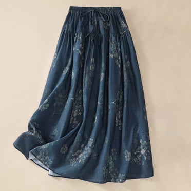 Pisexur Jupe Midi à Cordon de Serrage en Coton et Lin Imprimé pour Femme, Liquidation, TG