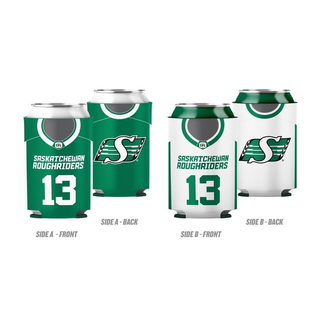 The Sports Vault Saskatchewan Roughriders Neoprene Reversible Can Cooler shown front and back on both sides. Side A is green with white 'Saskatchewan Roughriders' text and number 13 on front, team logo on back. Side B is white with green text and number 13 on front, team logo on back. Made of 100% neoprene, fits most 12oz cans, reversible with sublimated graphics, suitable for drinkware accessories.