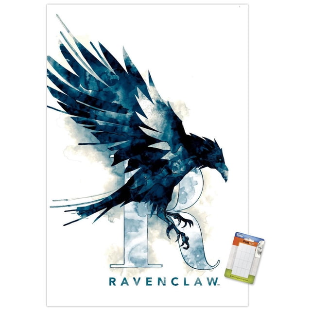 Le Monde des Sorciers : Harry Potter - Affiche Murale du Logo de la Maison Illustrée Serdaigle, 14,725 Po x 22,375 Po, Représentant un Corbeau Bleu Stylisé avec des Ailes Déployées sur une Lettre R Translucide et un Texte « Serdaigle » Dessous, Imprimée sur Papier Lustré, Convient à la Déco Murale de Dortoir, Bureau Ou Chambre.