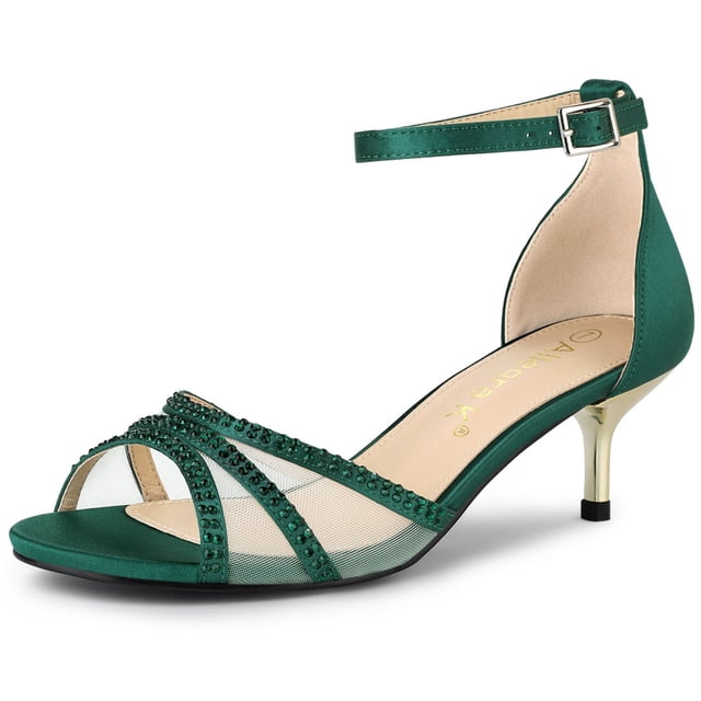 BLISSFUL STEP Women's Satin Rhinestone Stiletto Heel Sandals Green (Size 8.5)