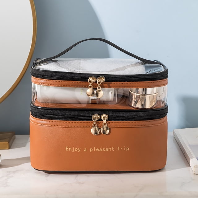 KITTEHIGM Trousse Cosmétique à Double Couche Couleur Unie Transparente Lavage Portable INS Mode Voyage Portable Grande Capacité Sac de Rangement Palettes Non Réclamées Aujourd'hui #57
