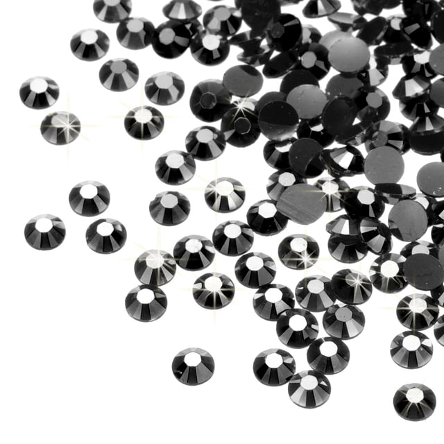Uxcell 6000 Pcs Black Resin Flatback Rhinestone SS16 4mm Resin Rhinestones for Crafts DIY Design. These black resin rhinestones feature a flatback design, precision-cut facets, and a sparkling finish. Ideal for embellishing clothes, shoes, bags, phone cases, glasses, and other DIY craft projects. Each rhinestone measures 4mm in diameter and requires glue for application. The package includes approximately 6000 pieces, perfect for creative and decorative projects.