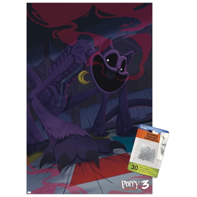 Poppy Playtime : Chapitre 3 - Affiche Murale CatNap, 22,375 Po x 34 Po, Représente un Chat Squelettique Violet Foncé aux Yeux Blancs Lumineux et à la Grand Bouche Ouverte Debout sur un Plancher Multicolore sous un Plafond en Bois avec des Fentes de Fumée Rouges, Imprimé sur Papier Lustré avec Supports Adhésifs, Convient à la Décoration Murale de Chambre Ou de Bureau.