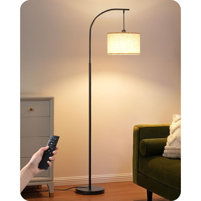 EDISHINE Modern Arc Floor Lamp with Beige Linen Drum Shade & Heavy Base, Dimmable Black Reading Light, Remote Control Bulb Included, Tall S