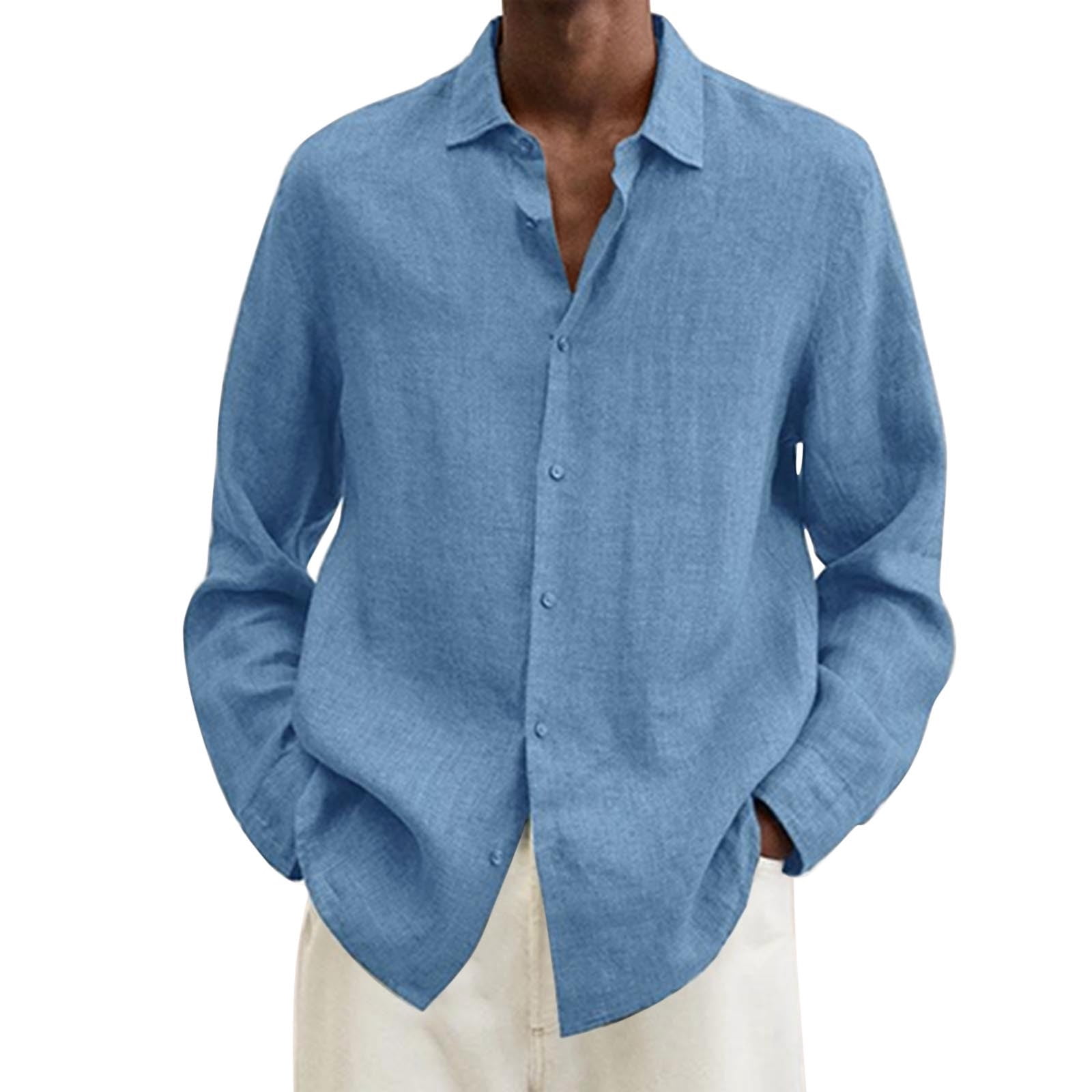 Chemises pour Hommes Été Coton Lin Uni Ample Col Rabattu Manches Longues Haut Bleu Clair TG