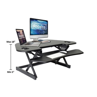 Rocelco 46" Height Adjustable Corner Standing Desk Converter - Quick Sit Stand Up Dual Monitor Riser - Gas Spring Assist Tabletop Computer Workstation - Large Keyboard Tray  (Black)