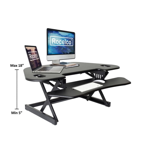 Rocelco Convertisseur de bureau debout d'angle réglable en hauteur de 46 "- Montage rapide et vertical pour double moniteur - Poste de travail pour ordinateur de table à ressort à gaz - Grand plateau