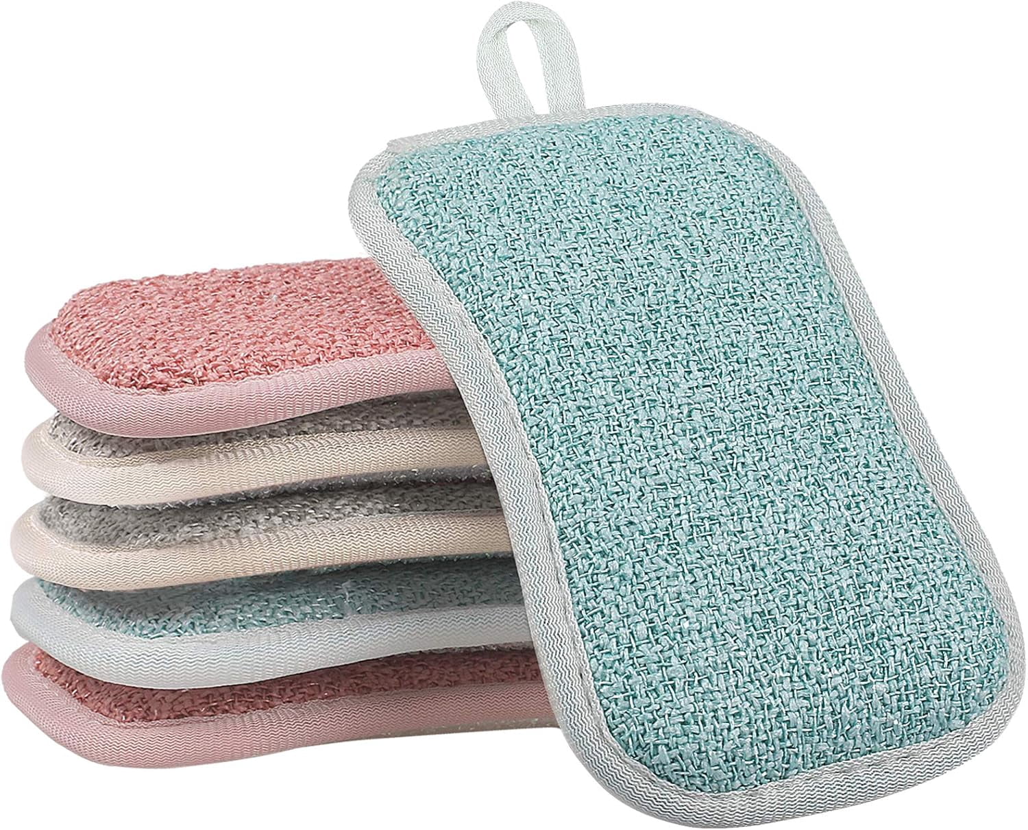 Natural Dish Sponges, Reusable Sponges Non Scratch Microfiber for Heavy Duty Cleaning, Dish Sponge Super Absorbent Eco-Friendly, Versatile Cleaning Tool in 3 Colors, 6 Pack