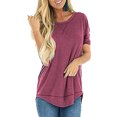 thumbnail image 2 of Women T-shirt Solid Color Stitching Top Asymmetrical Hem Asymmetrical Hem Blouse, Red, S, 2 of 7