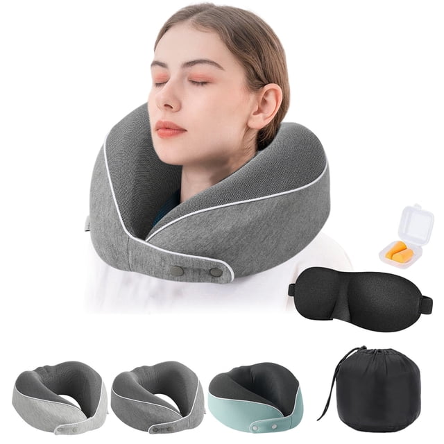 Sentmoon Neck Pillow for Travel Travel Pillows Neck Pillow for Traveling 4pc Set Travel Pillow Memories Foam Travel Neck Pillow with Eye Mask Earplugs Storage Bag for Plane Car Home Recliner Use