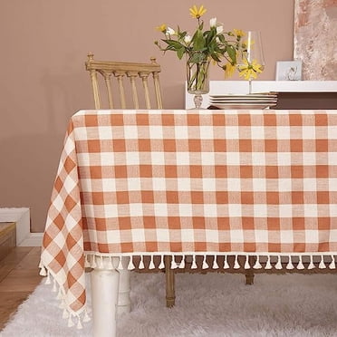 XmhyTop-A Rustic Plaid Tassel Tablecloth-Country Buffalo Check Cotton Table Cloth for Spring Fall Thanksgiving Farmhouse Kitchen Dining Restaurant Decoration(Rectangle/Oblong, 55x70, Orange)
