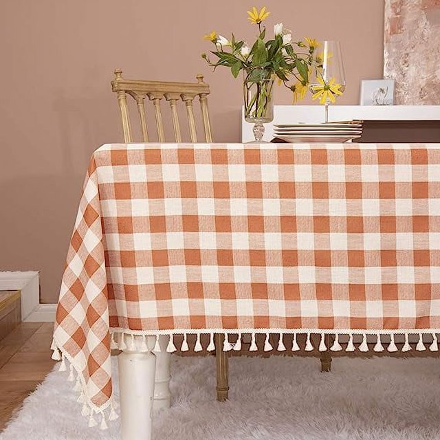 XmhyTop-A Rustic Plaid Tassel Tablecloth-Country Buffalo Check Cotton Table Cloth for Spring Fall Thanksgiving Farmhouse Kitchen Dining Restaurant Decoration(Rectangle/Oblong, 55x70, Orange)