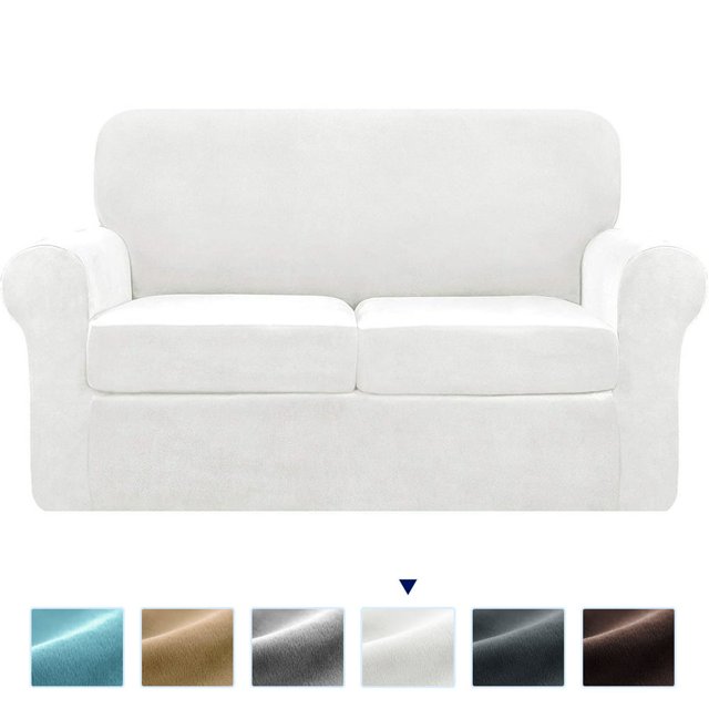 Housse de Canapé Extensible en Velours 4 Pcs 2024, Housse de Protection Séparée pour Coussins (Canapé Sable)