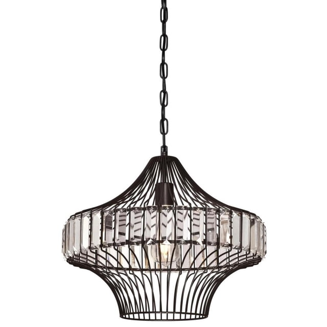 Westinghouse Lighting Crystal Prism 1-light Chandelier featuring a matte black geometric cage with vertical bars and clear rectangular crystal prisms encircling a single exposed bulb, suspended by an adjustable chain suitable for sloped ceilings, providing ambient or task lighting ideal for dining or bedroom areas.