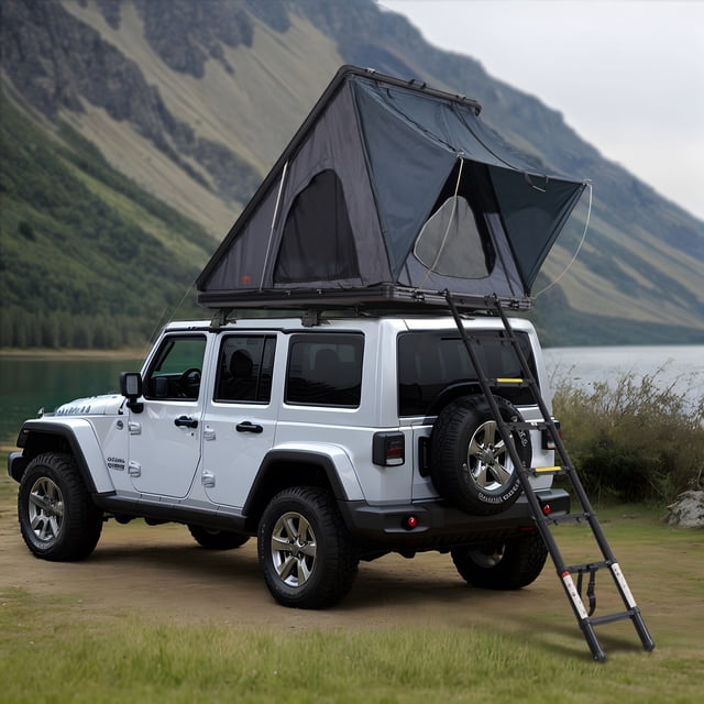 VEVOR Rooftop Tent Hard Shell 2-3 Person Waterproof mounted on a white Jeep SUV parked outdoors near a lake and mountains. The tent features waterproof 420D Oxford fabric, UV-resistant polyester-cotton, breathable mesh windows, and a telescoping ladder for easy access. Designed for outdoor adventures, it accommodates 2 adults and 1 child comfortably.