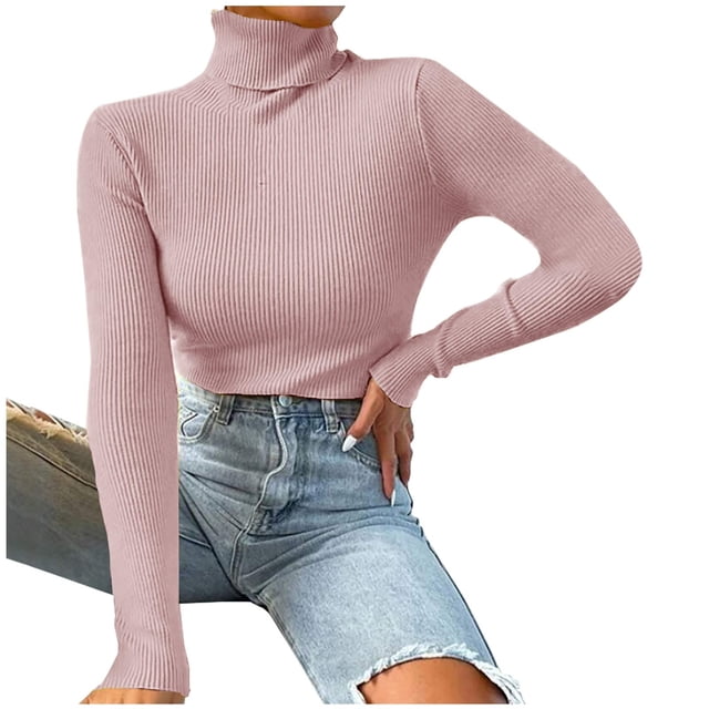TIMIFIS Chandail à Col Roulé à Manches Longues pour Femmes de Couleur Rose Douce, avec une texture Côtelée et une Coupe Ajustée. Fabriqué en Matériau Acrylique Léger, Ce Chandail de Dessous Est Confortable et Idéal pour une Tenue Décontractée, des Hauts Actifs Ou une Superposition à l'Automne et en Hiver. Doté de shorts en denim Usé pour un Style Polyvalent.