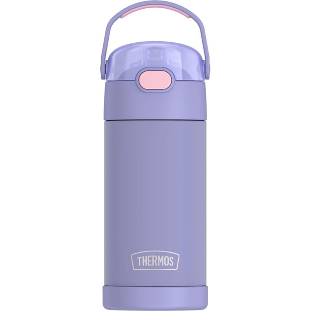 Thermos Kids Vacuum Insulated Funtainer Water Bottle with Flip Up Straw, 355ml, Lavender, front-facing durable stainless steel bottle in lavender with translucent flip-up lid, pink push button, integrated carrying loop, and non-slip base, keeps drinks cold up to 12 hours and is suitable for kids on the go.