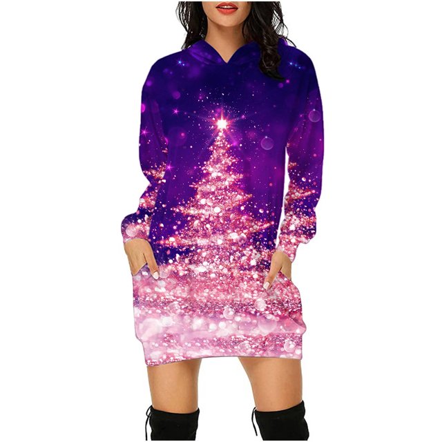 Jsaierl Robe à Capuche pour Femmes, Imprimé d'Arbre de Noël Doré, Mode Décontractée, Chandail à Enfiler à Manches Longues, Mini-Robe à Capuche avec Poche, Chandails d'Automne pour Femmes