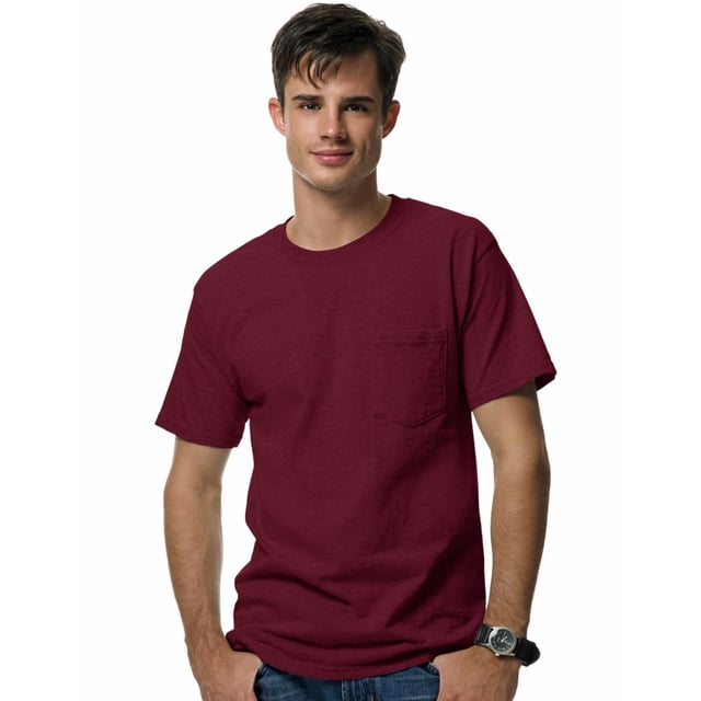 Hanes Beefy-T Men`s Pocket T-Shirt, S, Maroon
