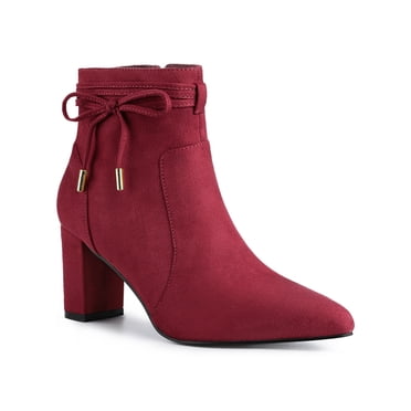Unique Bargains Women's Pointed Toe Chunky Heel Zipper Ankle Boots Burgundy 6