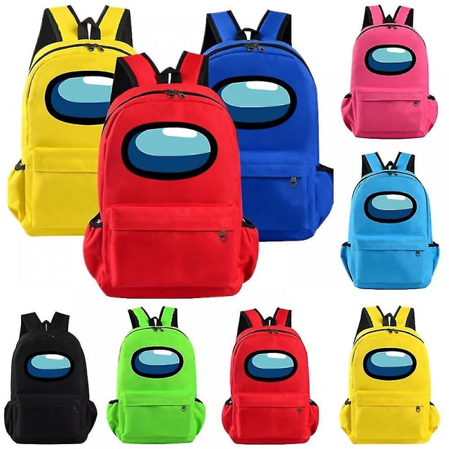 Among Us Game Backpack for boys and girls, a medium-sized school bag with a 20-35L capacity. Made of durable polyester, it features a zipper opening, internal compartments for a mobile phone, certificates, and a computer pocket. The design includes vibrant colours like red, yellow, blue, pink, green, and black, each showcasing a graphic inspired by the Among Us game. Suitable for school or travel.